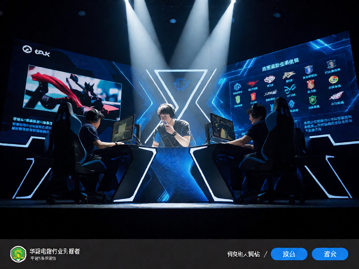 电竞比赛舞台，选手在聚光灯下进行激烈对抗